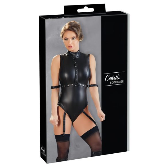 Cottelli Bondage - Glinsende body med håndfester (svart) - XL