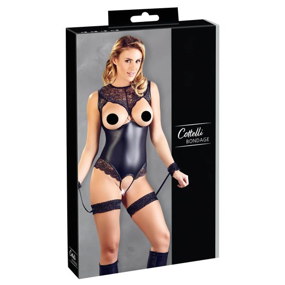 Cottelli Bondage - Åpen shiny body med håndmansjetter (svart) - XL